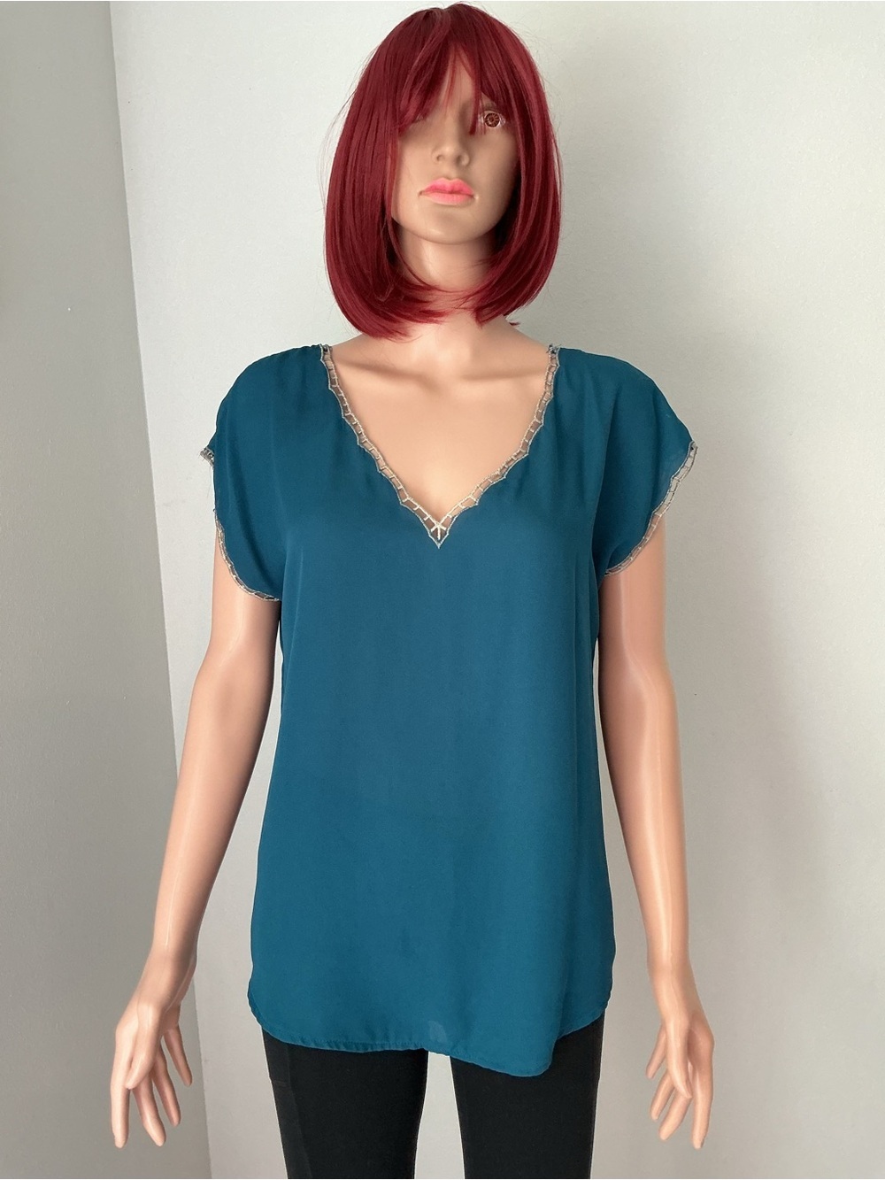 miami Teal V-Neck Short Sleeve Blouse with Lace Trim